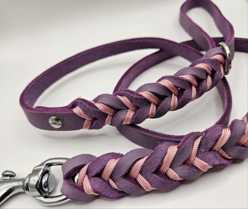 Handgefertigte Fettleder-Leine Violett/Rosa – 1,30 m lang, 15 mm breit